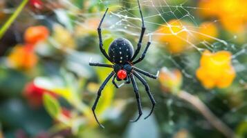 Black widow spider hangs suspended in intricate web. photo