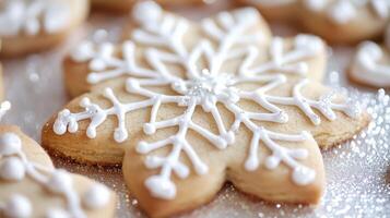 Festive snowflake-shaped Christmas cookies with icing and sprinkles. photo