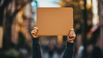 Empty cardboard sign held aloft during a demonstration. photo
