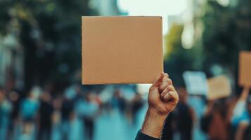 Blank protest sign held high in a crowd. photo