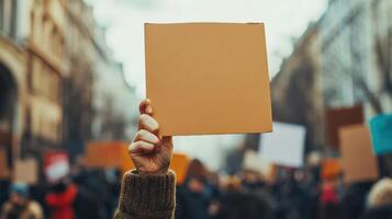 Blank protest sign held aloft by a demonstrator. photo