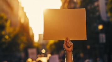 Empty protest sign held high in the golden light of day. photo