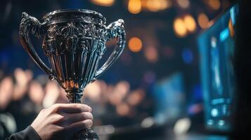 Victorious trophy held aloft in a gaming tournament. photo