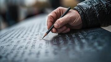 A person writes on a surface with a sharpened pencil carefully photo