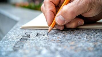 A hand uses a pencil to mark a stone surface photo