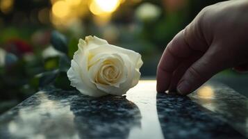 A white rose resting on a polished marble surface gently touched photo