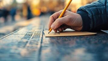 A hand is writing something on a piece of paper with a pencil photo