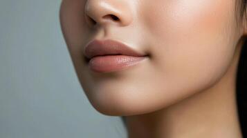 A close up of a woman's face with a light pink lip photo