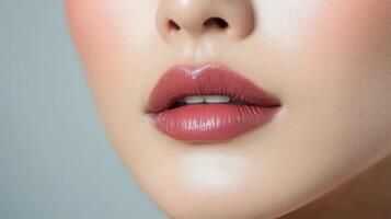 Close up of a woman's lips with a pink lip color photo