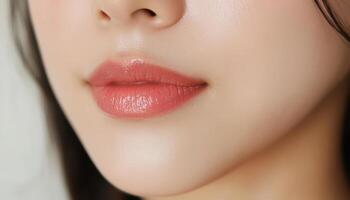 Close-up view of soft, peachy lips on a young woman. photo