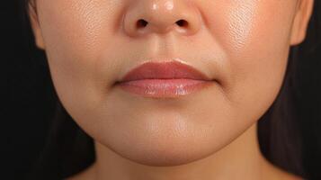 Close-up facial portrait of a woman's face with a neutral expression. photo