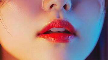 Close-up portrait of a person's face with vibrant, colorful lighting. photo