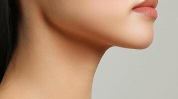 Close-up view of a young woman's neck and jawline. photo