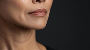 Close-up view of a woman's facial profile, displaying delicate skin texture. photo