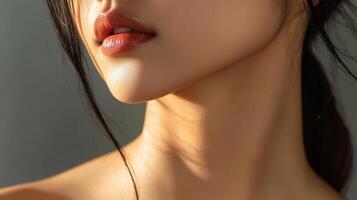 Close-up view of a person's graceful neck and jawline. photo