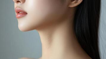 Close-up profile view of a young woman's smooth neck and face. photo