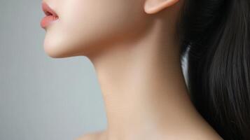 Close-up profile view of a young woman's smooth neck and jawline. photo