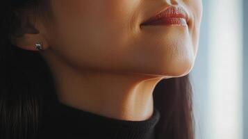A woman with long black hair and a red lip photo