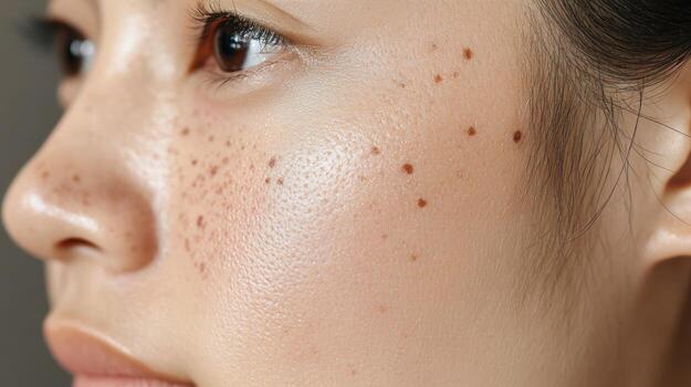 Close-up facial portrait of a person with freckles. photo