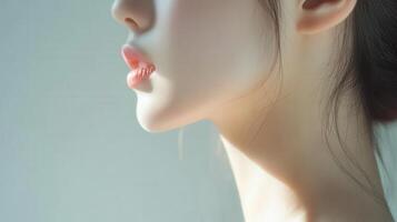 Close up profile view of a young woman's face and neck. photo