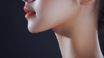 Close-up profile view of a delicate feminine face and neck. photo