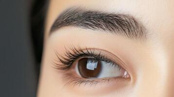 Close-up view of meticulously sculpted eyebrows and eyelashes. photo