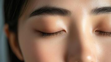 Close-up view of a person's peaceful, closed eyes and soft skin. photo