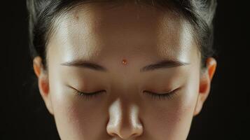 Close-up of a person's face with a mark on the forehead. photo