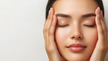 Close-up portrait of a woman with gentle touch on her face. photo