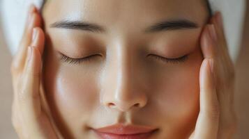 Close-up of a person's face during a facial treatment. photo