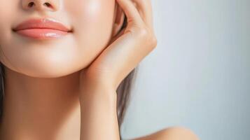 Close-up view of a young woman's delicate facial features. photo