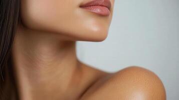 Close-up view of a woman's smooth neck and shoulder. photo