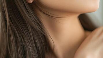 Close-up view of a woman's smooth neck and hair. photo