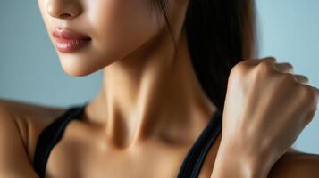 Close-up view of a woman's neck and shoulder area. photo