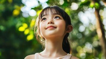Close up portrait of a young girl looking upwards in nature. photo