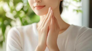 Close-up view of a woman's hands and face, serene expression. photo