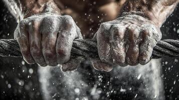 Powerful hands gripping a thick metal cable. photo