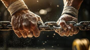 Powerful hands gripping a heavy metal chain. photo