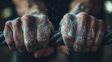Close-up view of powerful hands gripping a rope. photo