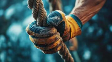Close-up view of a person's hand gripping a thick rope. photo