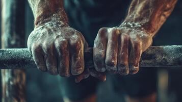 Close-up view of powerful hands gripping a metal bar. photo
