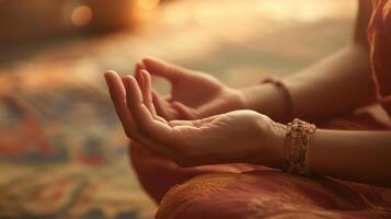 Close-up of hands in meditation posture, serene and peaceful. photo