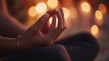 Close-up of hands in meditation posture, surrounded by warm light. photo