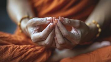 Close-up view of hands in a serene meditative pose. photo