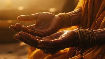 Close-up view of clasped, weathered hands with bracelets. photo