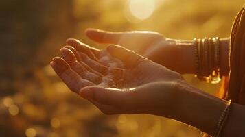 Open hands catching golden sunset light. photo