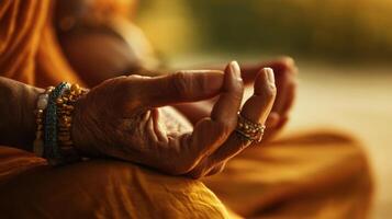 Close-up of aged hands in meditation posture. photo