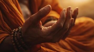 A monk's hands are clasped together in prayer photo