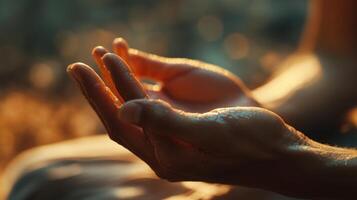 Close-up view of wet hands in soft golden light. photo