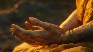Close-up of weathered hands in contemplation. photo